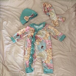 Floral Kids One Piece with Hat and Headband